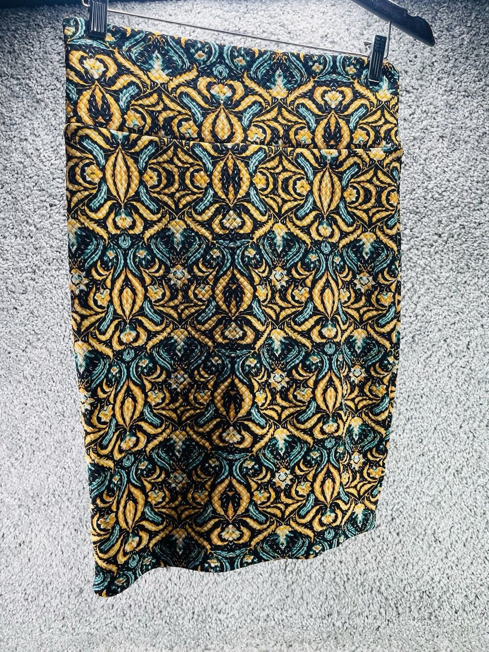 LuLaRoe Cassie Pencil Skirt Size Small Gold Blue Abstract Print Stretch Fabric